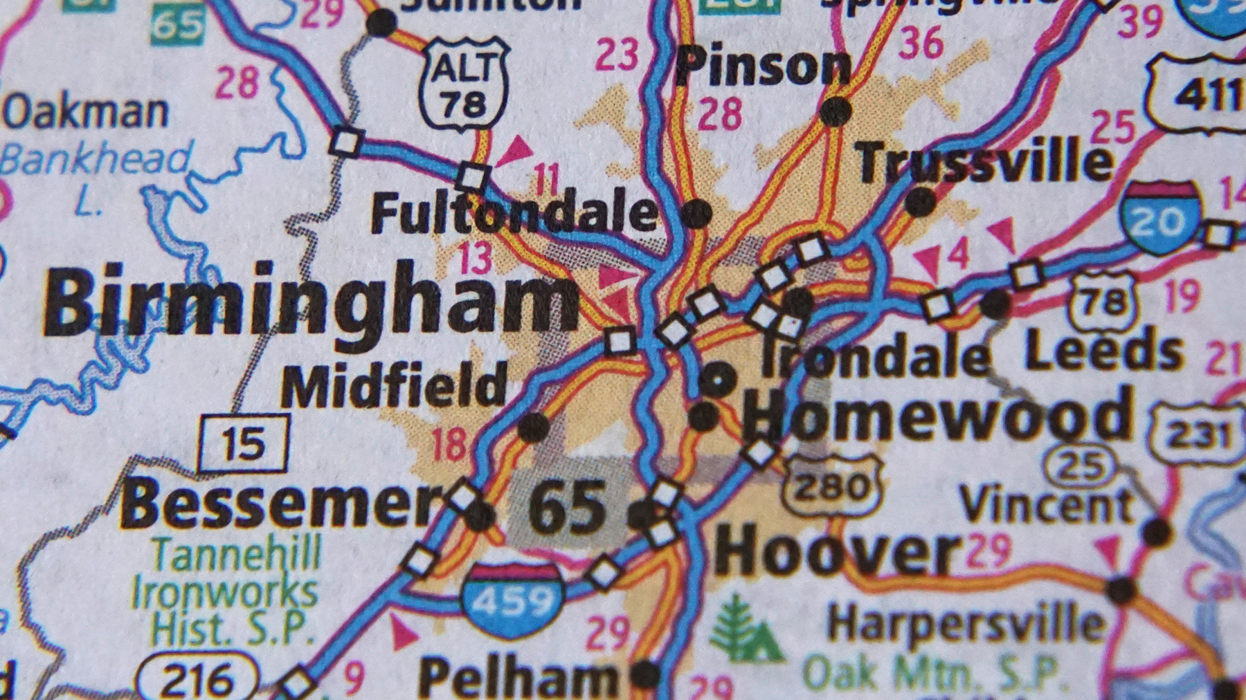 Close-up view of a map of the Birmingham, Alabama area from a ro Contact Dryer Vent Cleaning Specialists Birmingham, AL map