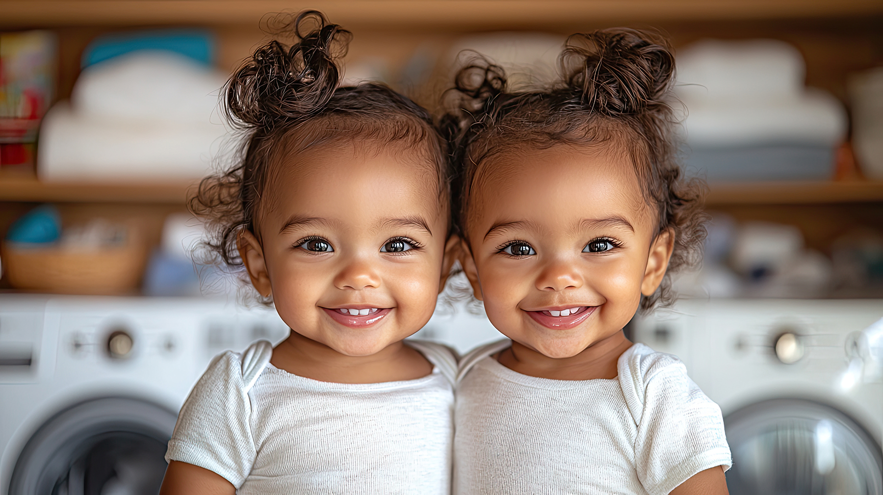 Adorable identical twin baby girls smiling at home laundry room service dryer vent