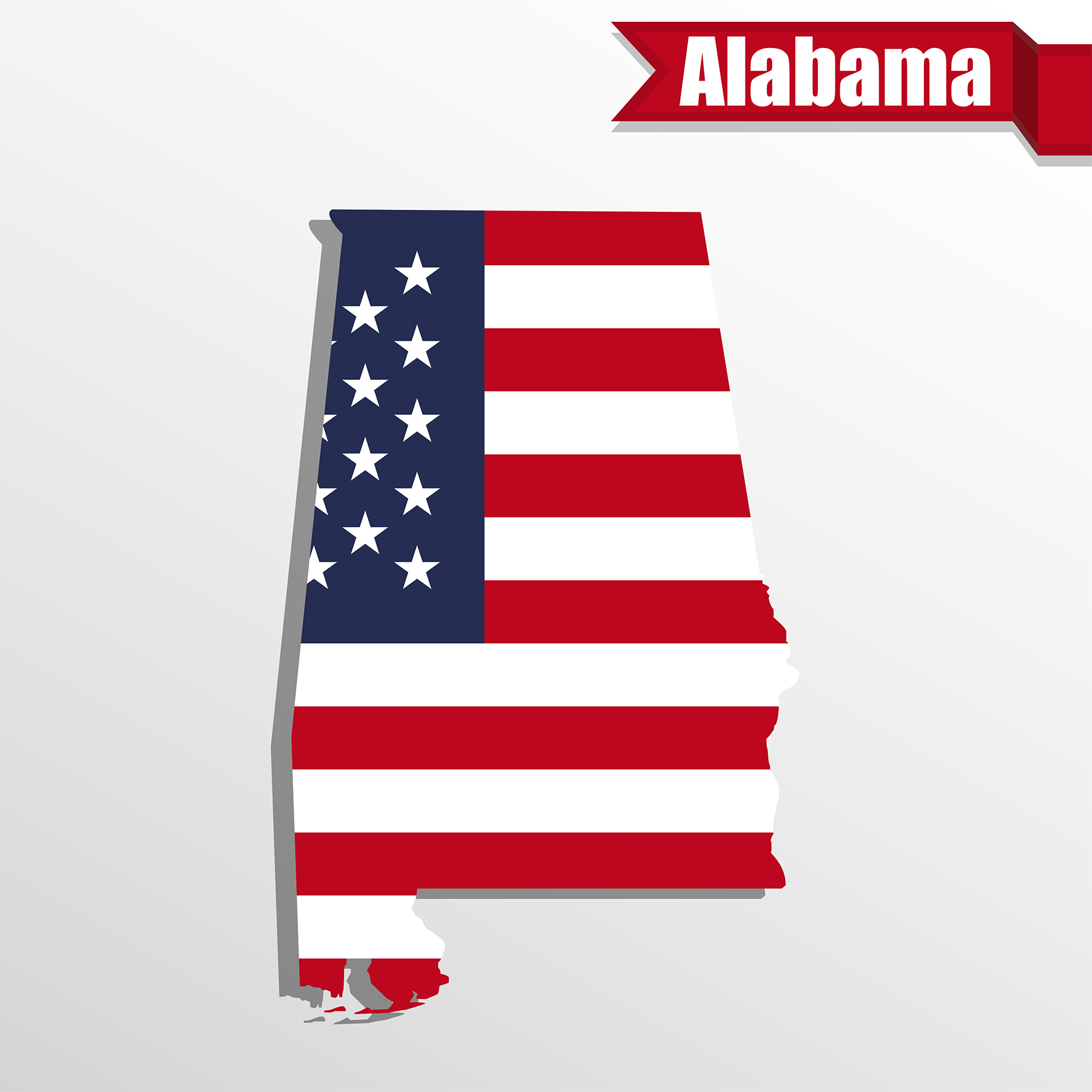 Alabama State map with US flag inside and ribbon Alabama state flag